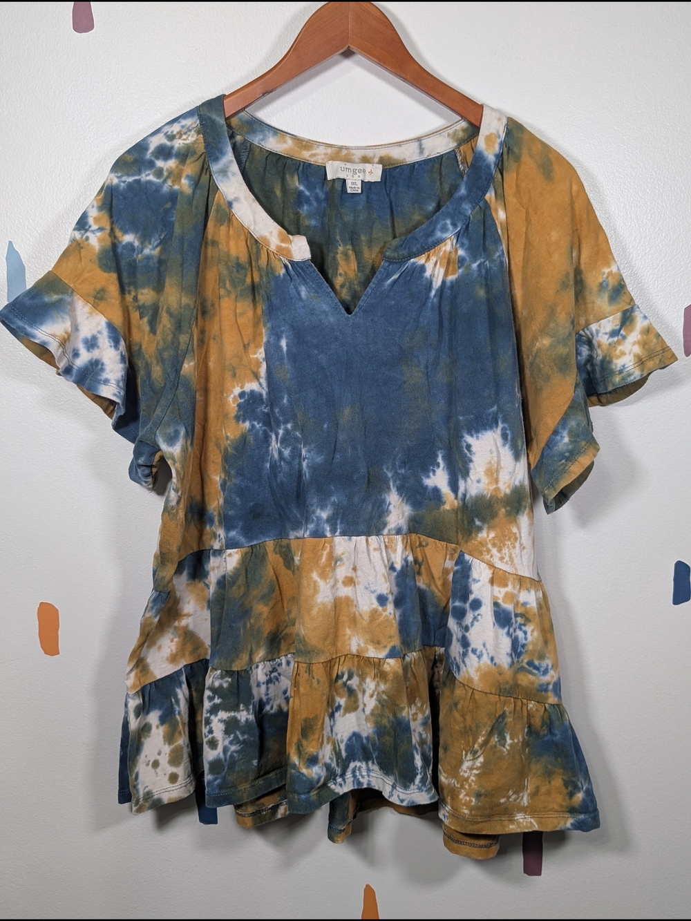Umgee Blue, Mustard & White Tie-Dye Ruffle Short Sleeve Top